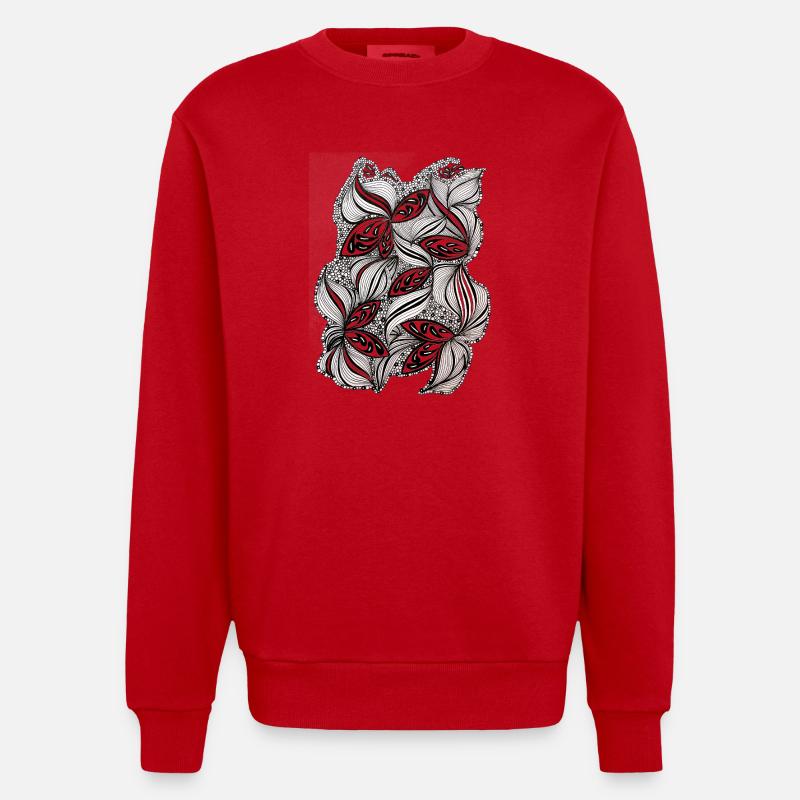 Black and white leaf pattern - Heavyweight Oversized Organic Crew Neck Made in EU - red