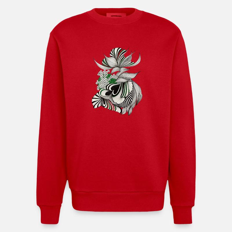 Green Lines Botanical Pattern - Heavyweight Oversized Organic Crew Neck Made in EU - red