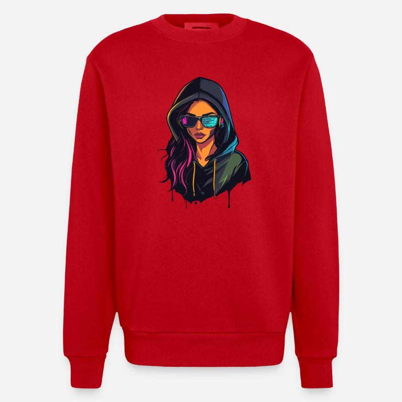 Hacker Programmer Developer Woman Portrait - Heavyweight Oversized Organic Crew Neck Made in EU - red