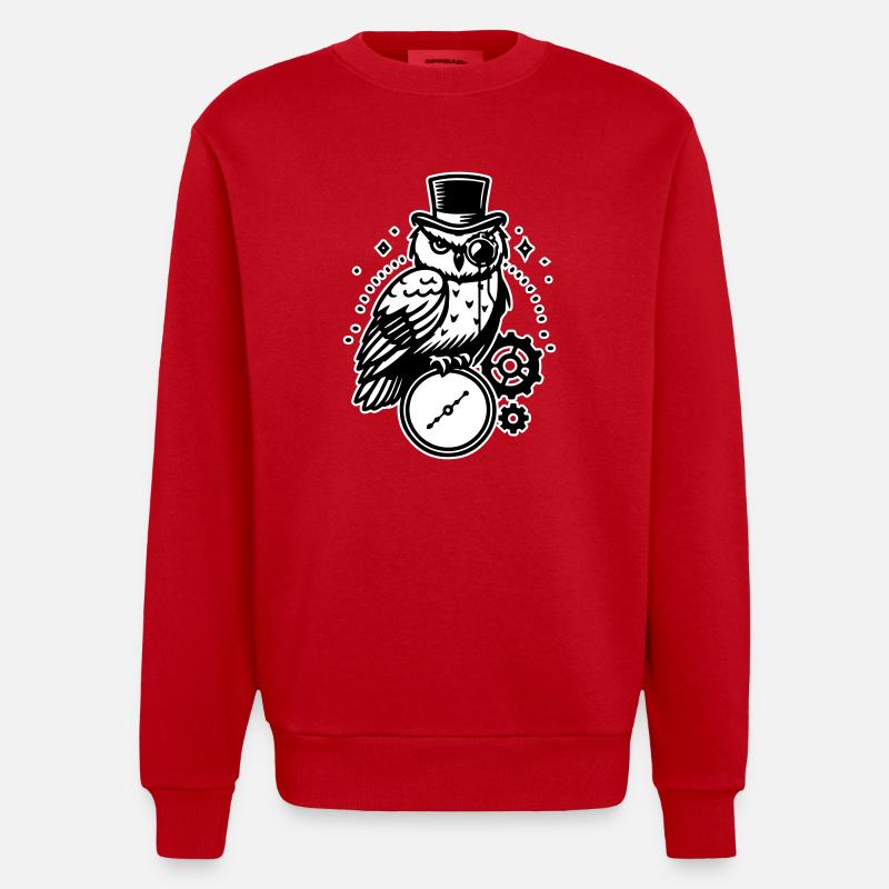 Steampunk Eule und Uhr Design - Heavyweight Oversized Organic Crew Neck Made in EU - Rot