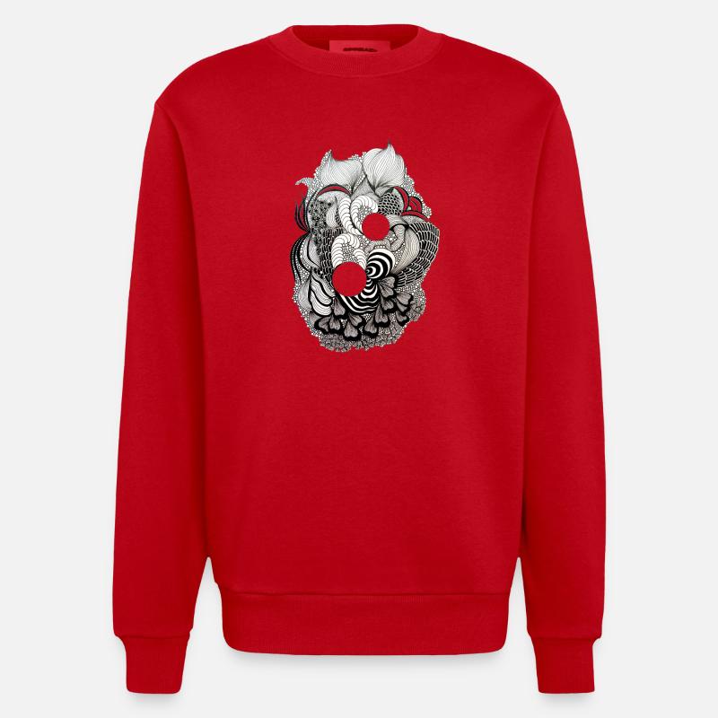Black and White Flower Ring Pattern - Heavyweight Oversized Organic Crew Neck Made in EU - red