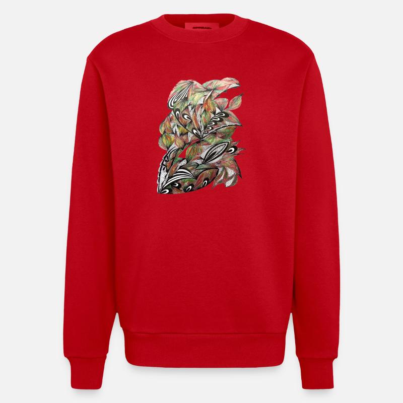 Vibrant Leaf Peacock Pattern - Heavyweight Oversized Organic Crew Neck Made in EU - red