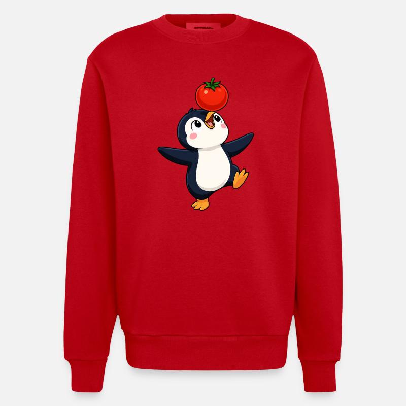 Cute Penguin Dancing Vegetables Joy Cartoon - Heavyweight Oversized Organic Crew Neck Made in EU - red