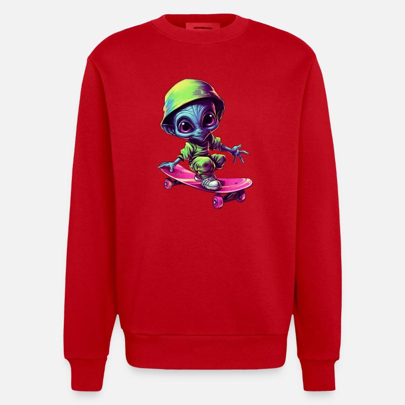 Blau-Pinker Alien Skateboarder: Kosmische Tricks - Heavyweight Oversized Organic Crew Neck Made in EU - Rot