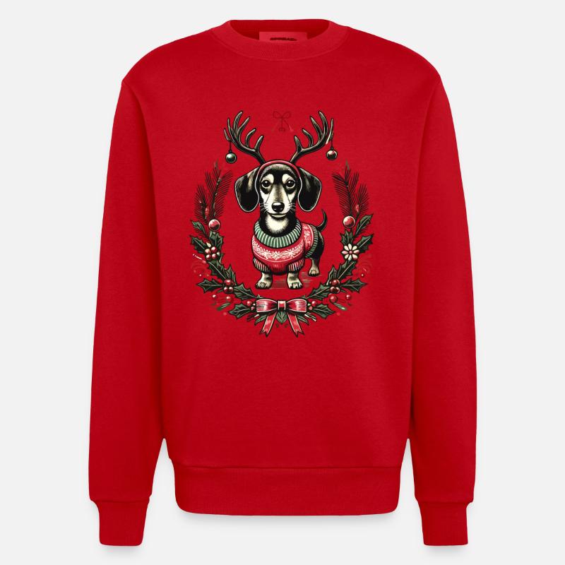 Fröhlicher Dackel Im Weihnachtspullover - Heavyweight Oversized Organic Crew Neck Made in EU - Rot