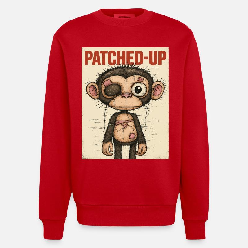 Patchwork Affe: Gepatcht und Tapfer - Heavyweight Oversized Organic Crew Neck Made in EU - Rot