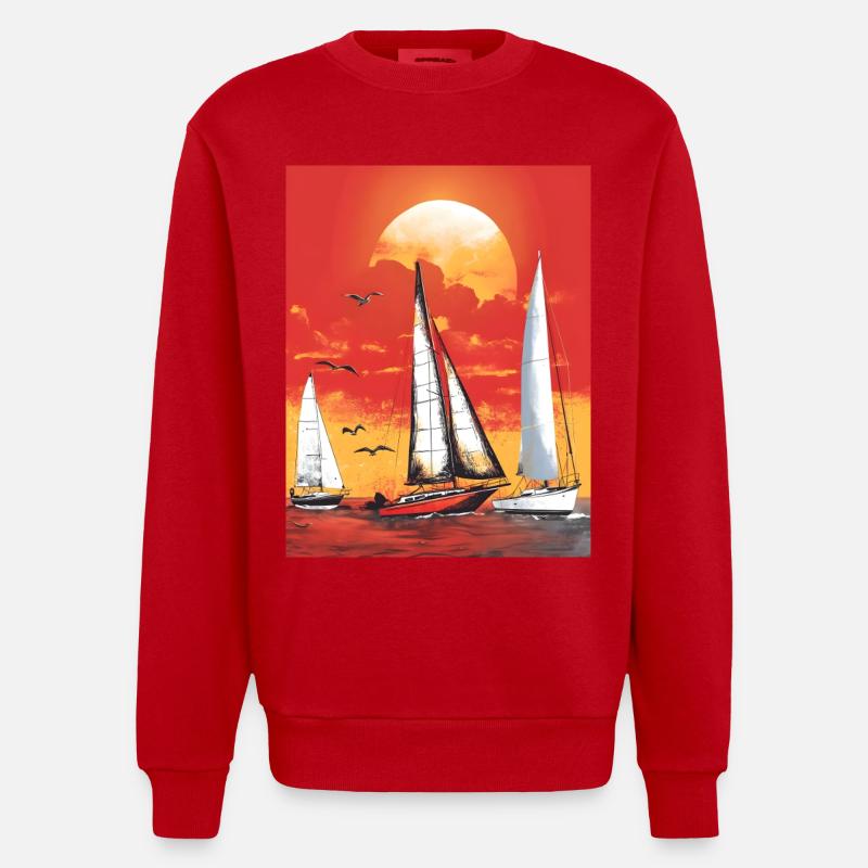 Coucher de soleil avec voilier - Sweat bio épais oversize fabriqué en UE - rouge