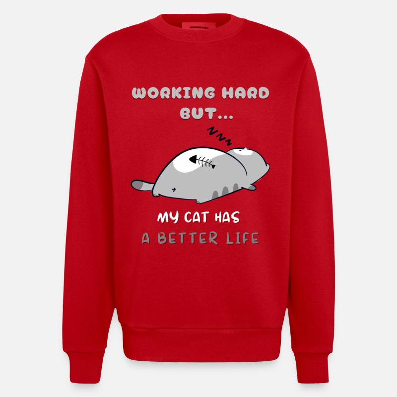 Chat Travail, Vie Meilleure - Sweat bio épais oversize fabriqué en UE - rouge