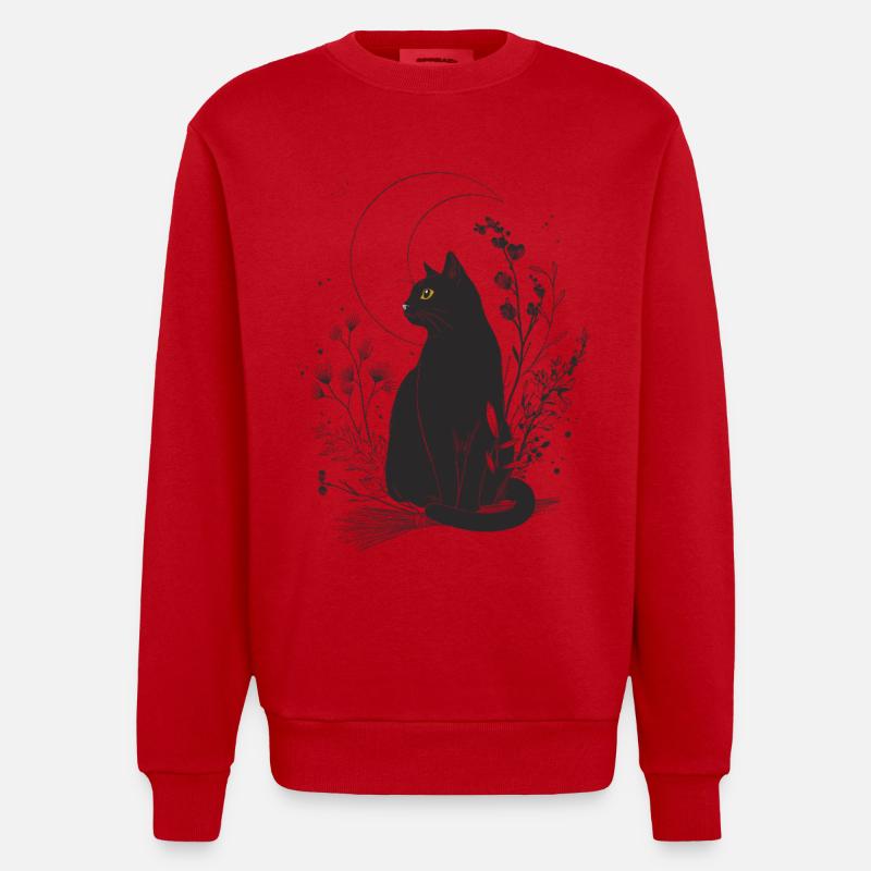Chat noir au clair de lune - Sweat bio épais oversize fabriqué en UE - rouge
