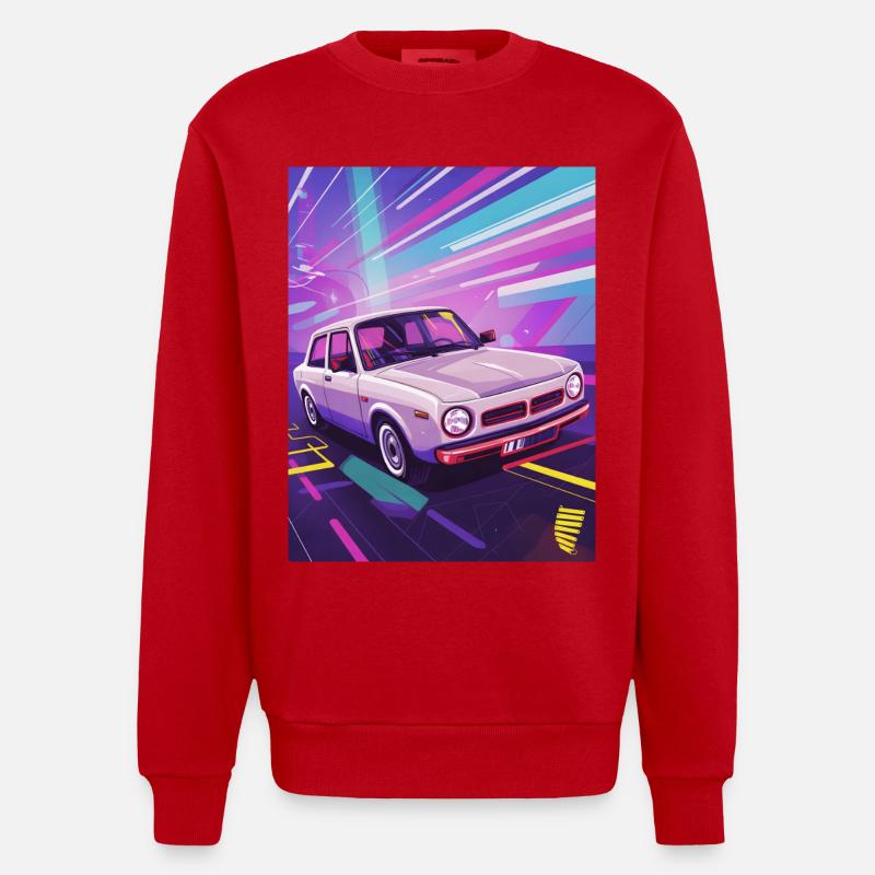 Synthwave Auto i retrostil - Heavyweight oversized organic trøje med crewneck made in EU - rød