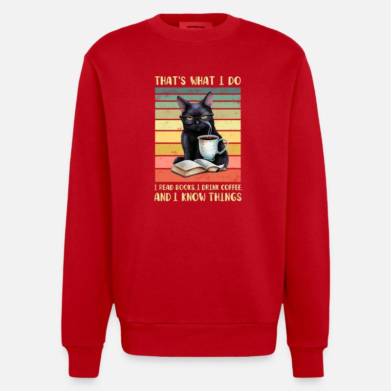 Schwarze Katze mit Kaffee und Buch - Heavyweight Oversized Organic Crew Neck Made in EU - Rot