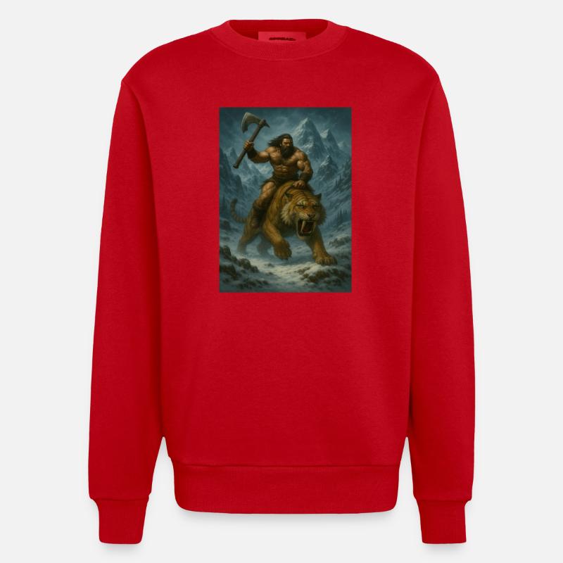 Wilder Krieger auf Sabertooth Tiger – Kunst - Heavyweight Oversized Organic Crew Neck Made in EU - Rot