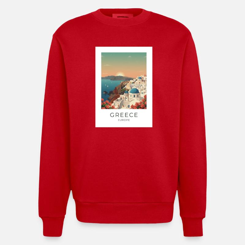Santorini Sunset Coastal View - Heavyweight Oversized Organic Crew Neck Made in EU - red