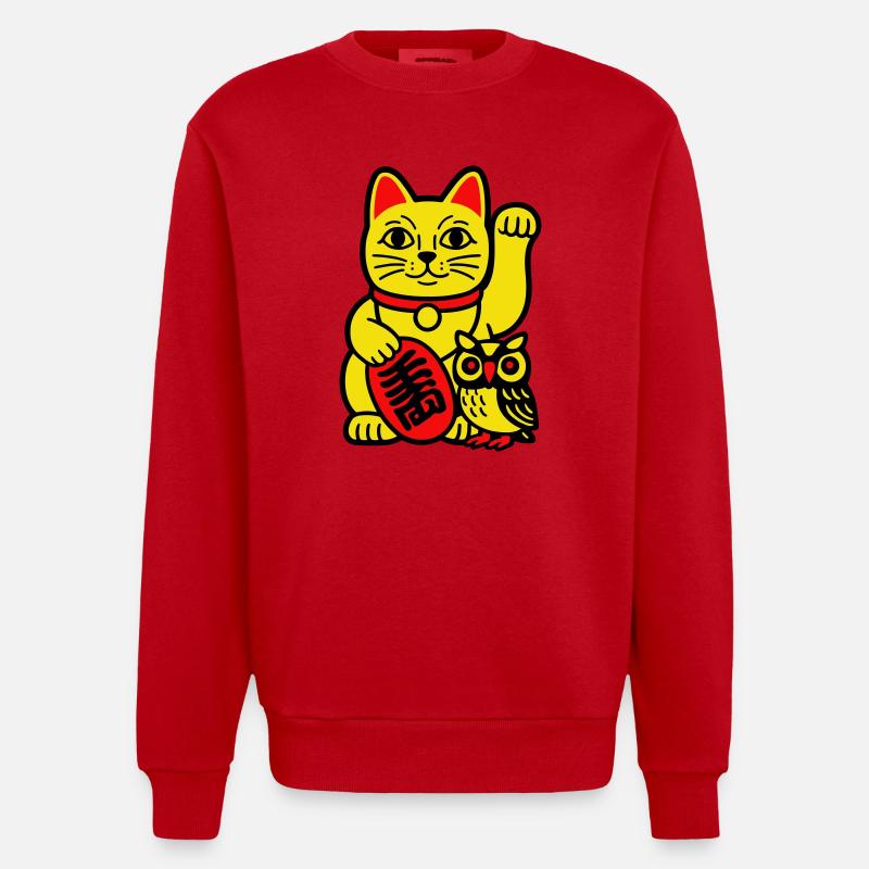 Glückskatze mit kleiner Eule - Heavyweight Oversized Organic Crew Neck Made in EU - Rot