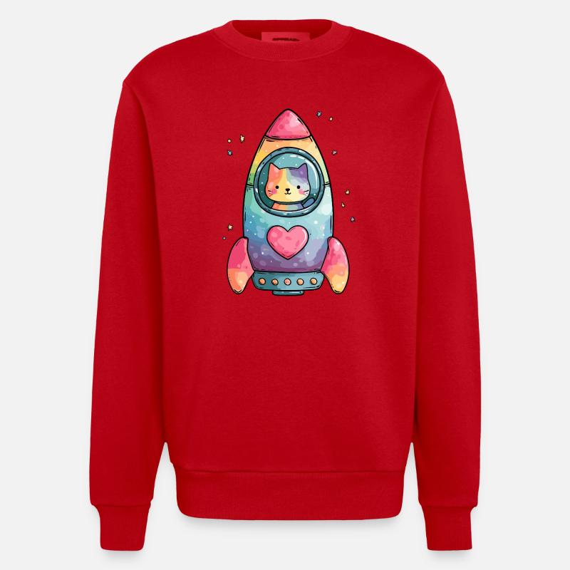 Rainbow Rocket Katze Herz - Heavyweight Oversized Organic Crew Neck Made in EU - Rot