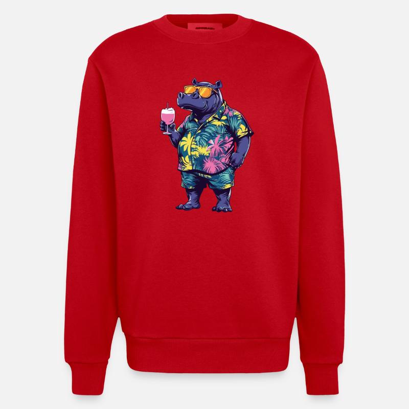 Hippopotamus Comic Summer - Heavyweight Oversized Organic Crew Neck Made in EU - red
