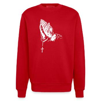 Praying Hands with Rosary Artwork - Heavyweight Oversized Organic Crew Neck Made in EU - red - Front - AI Model Female 172 light (172cm) & AI Model Male 178 light (178cm)