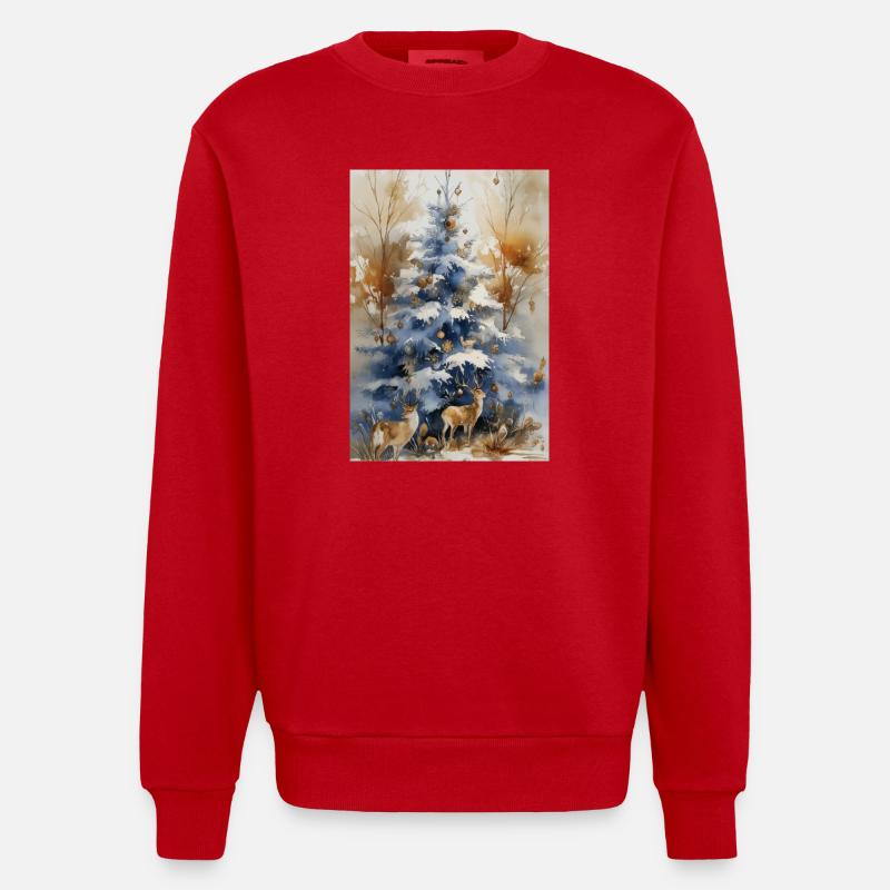 Blauer Weihnachtsbaum und Hirsch - Heavyweight Oversized Organic Crew Neck Made in EU - Rot