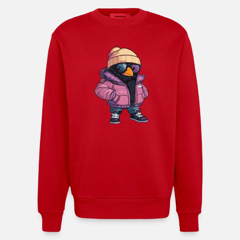 Raven Crow Cool Comic - Heavyweight Oversized Organic Crew Neck Made in EU - red