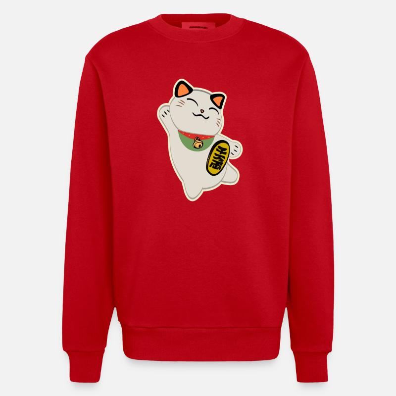 Maneki Neko (Glückliche Katze) - Heavyweight Oversized Organic Crew Neck Made in EU - Rot