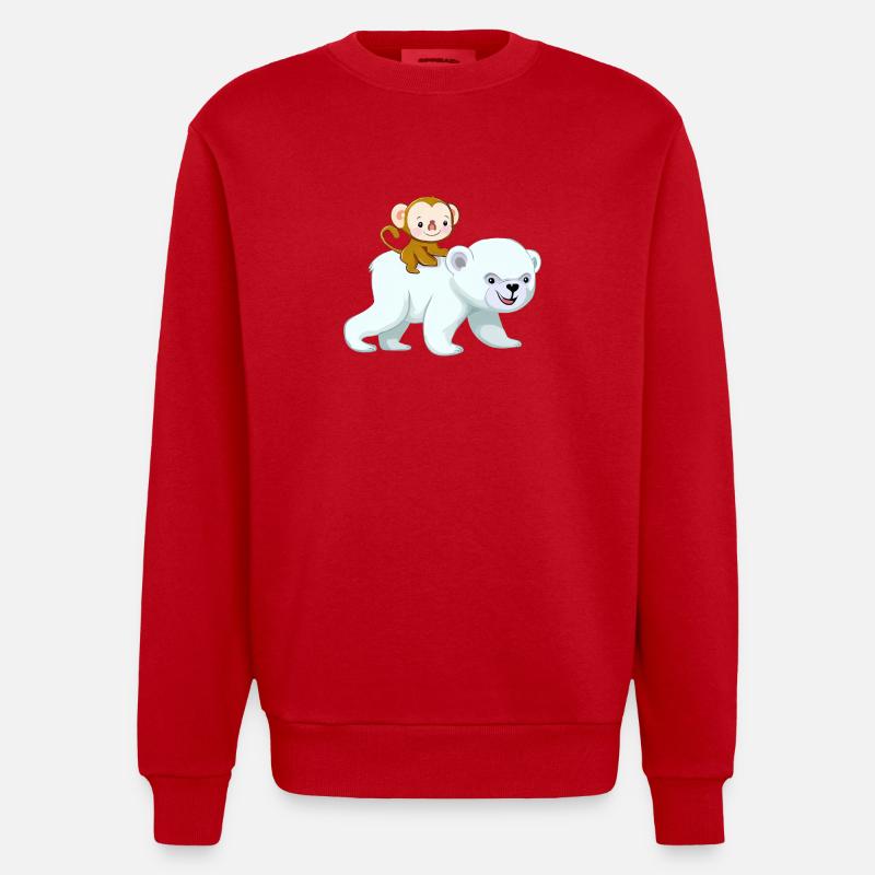 Chimpanzee rides polar bear, adventurous - Heavyweight Oversized Organic Crew Neck Made in EU - red