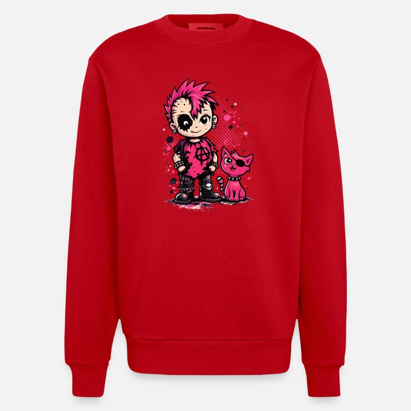 Punk Kid mit pinker Katze - Heavyweight Oversized Organic Crew Neck Made in EU - Rot