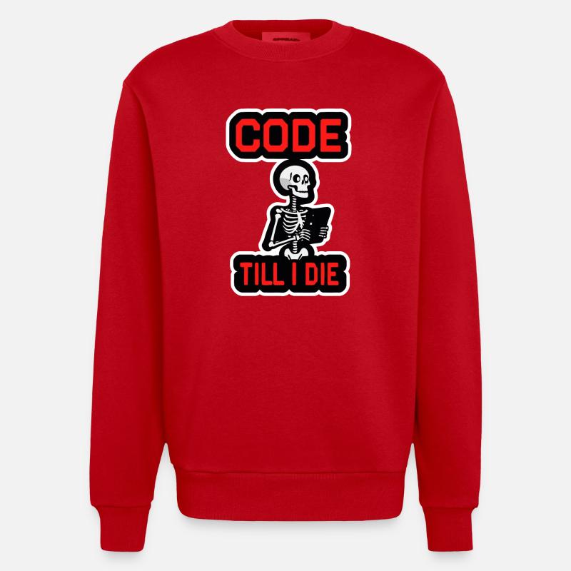Squelette avec ordinateur CODE JUSQU’À CE QUE JE MEURE - Sweat bio épais oversize fabriqué en UE - rouge