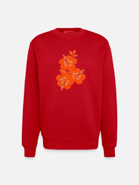 Orange Hibiscus Triple Flower Silhouette - Heavyweight Oversized Organic Crew Neck Made in EU - red