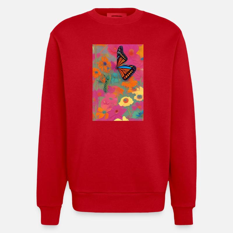 Fleurs et papillon - Sweat bio épais oversize fabriqué en UE - rouge