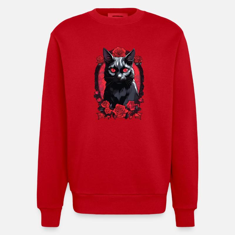 Gothic Schwarze Katze Porträt - Heavyweight Oversized Organic Crew Neck Made in EU - Rot