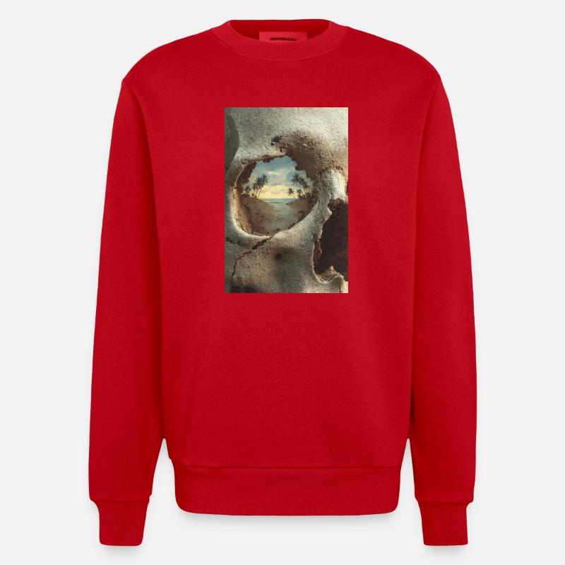 Tropical Island in Skull - Heavyweight Oversized Organic Crew Neck Made in EU - red