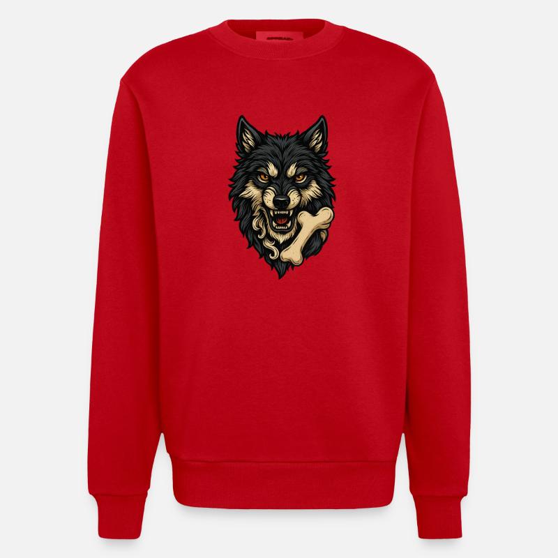 Wolf Attack: Wolf's Head with Bone - Heavyweight Oversized Organic Crew Neck Made in EU - red