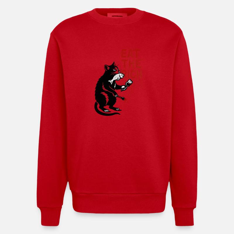 Chat noir avec poisson et brosse - Sweat bio épais oversize fabriqué en UE - rouge