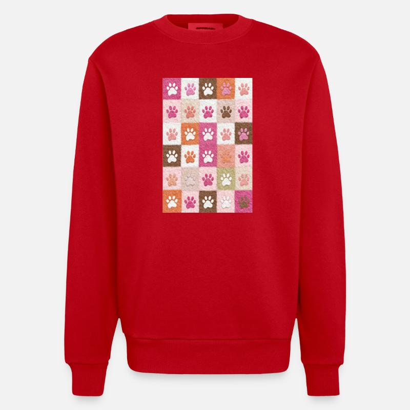 Pawprint Patchwork Plush Squares - Heavyweight Oversized Organic Crew Neck Made in EU - red