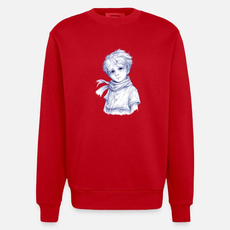 Blauer Bleistiftjunge mit Schal - Heavyweight Oversized Organic Crew Neck Made in EU - Rot