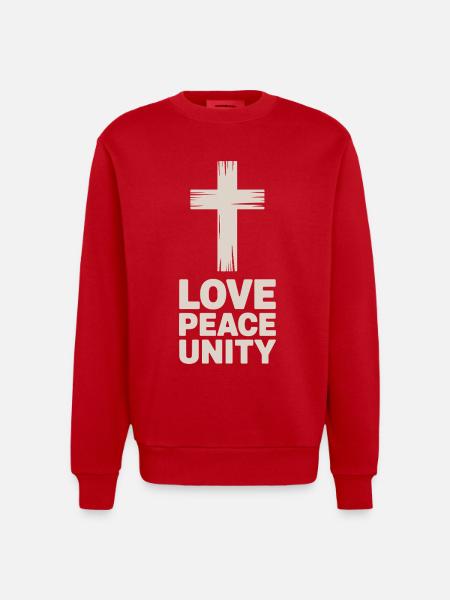 Love Peace Unity Christian Cross - Heavyweight Oversized Organic Crew Neck Made in EU - red