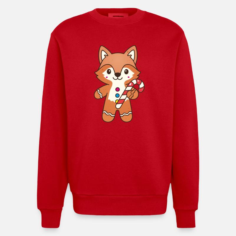 Cute Gingerbread Fox with Candy Cane - Heavyweight Oversized Organic Crew Neck Made in EU - red