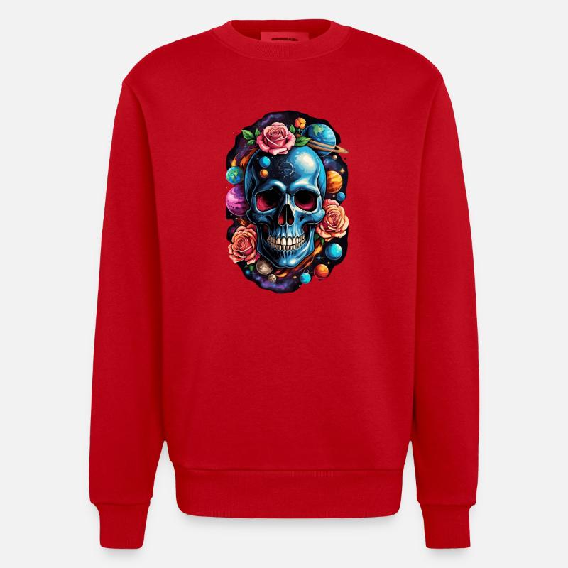 Space Planets Skull - Heavyweight Oversized Organic Crew Neck Made in EU - red