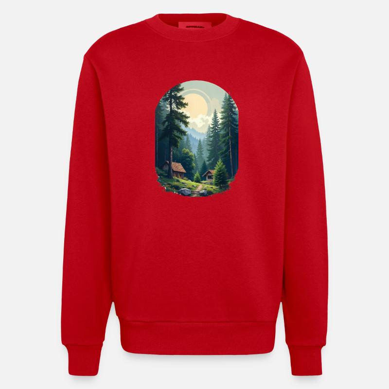 Cabane pixélisée dans les bois - Sweat bio épais oversize fabriqué en UE - rouge