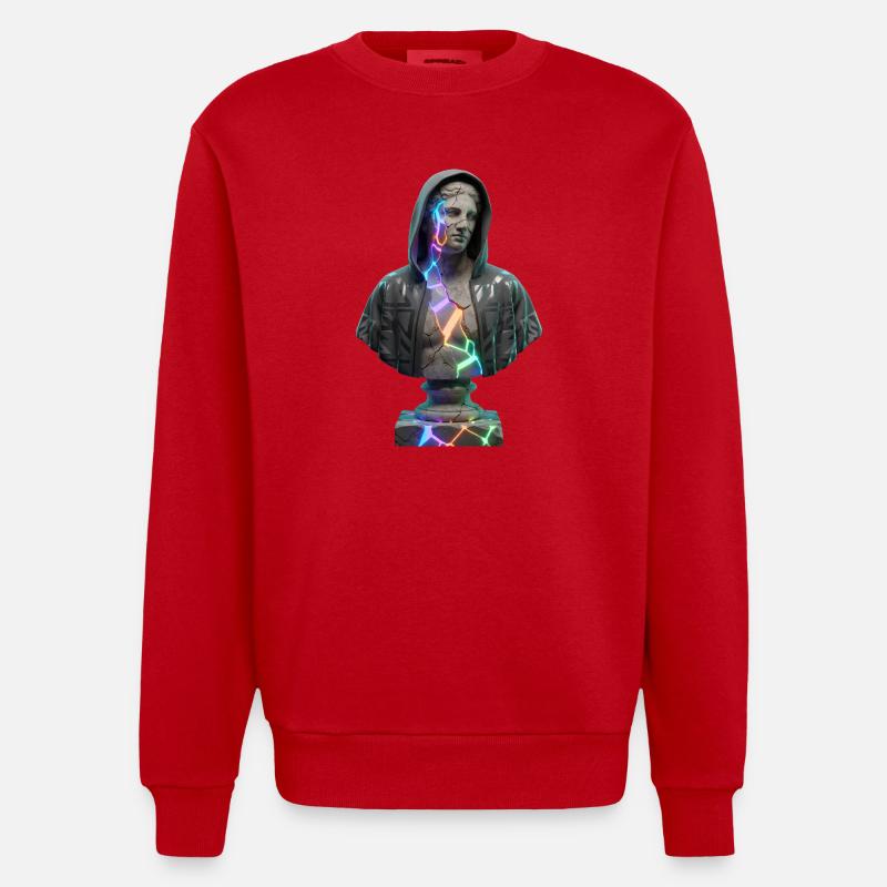 Neon Cracks Pullover Hoodie Statue - Heavyweight Oversized Organic Crew Neck Made in EU - red