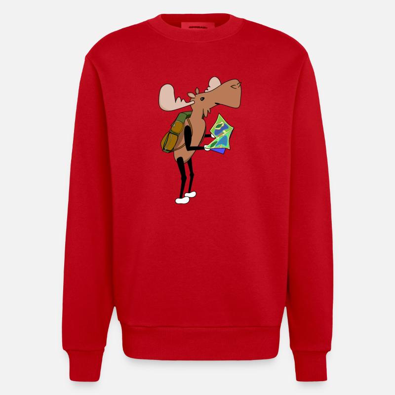 Moose Comic Hiking Map - Heavyweight Oversized Organic Crew Neck Made in EU - red