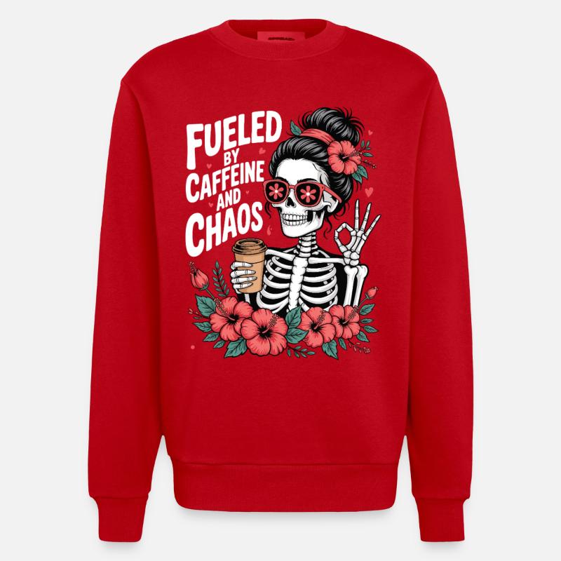 Mutter Koffein Mutter Skelett Kaffee - Heavyweight Oversized Organic Crew Neck Made in EU - Rot