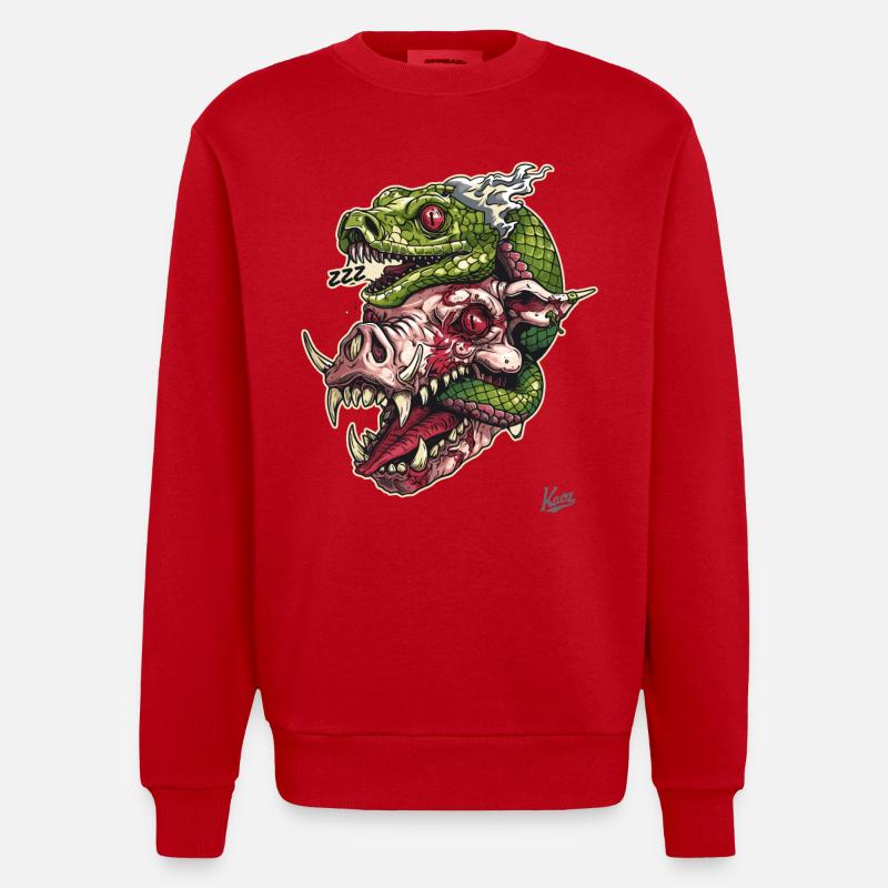 Zombie Pig Head Snake Skull - Heavyweight Oversized Organic Crew Neck Made in EU - red