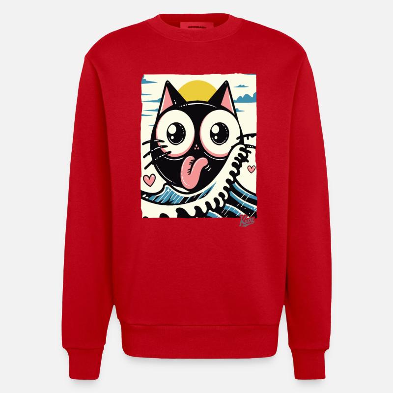 Vagues japonaises aimant chat noir - Sweat bio épais oversize fabriqué en UE - rouge