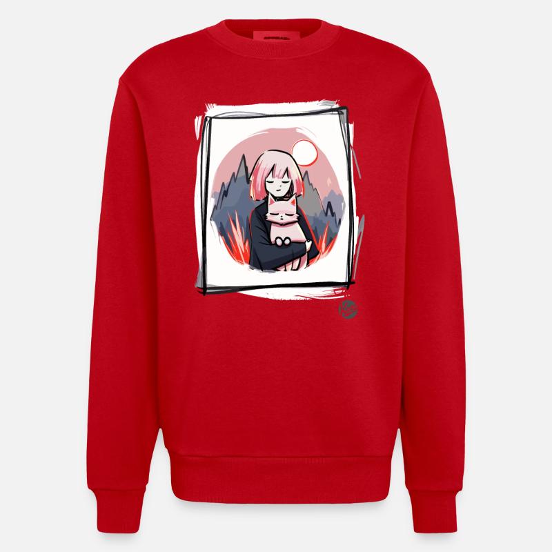 Mädchen mit Katze - Heavyweight Oversized Organic Crew Neck Made in EU - Rot