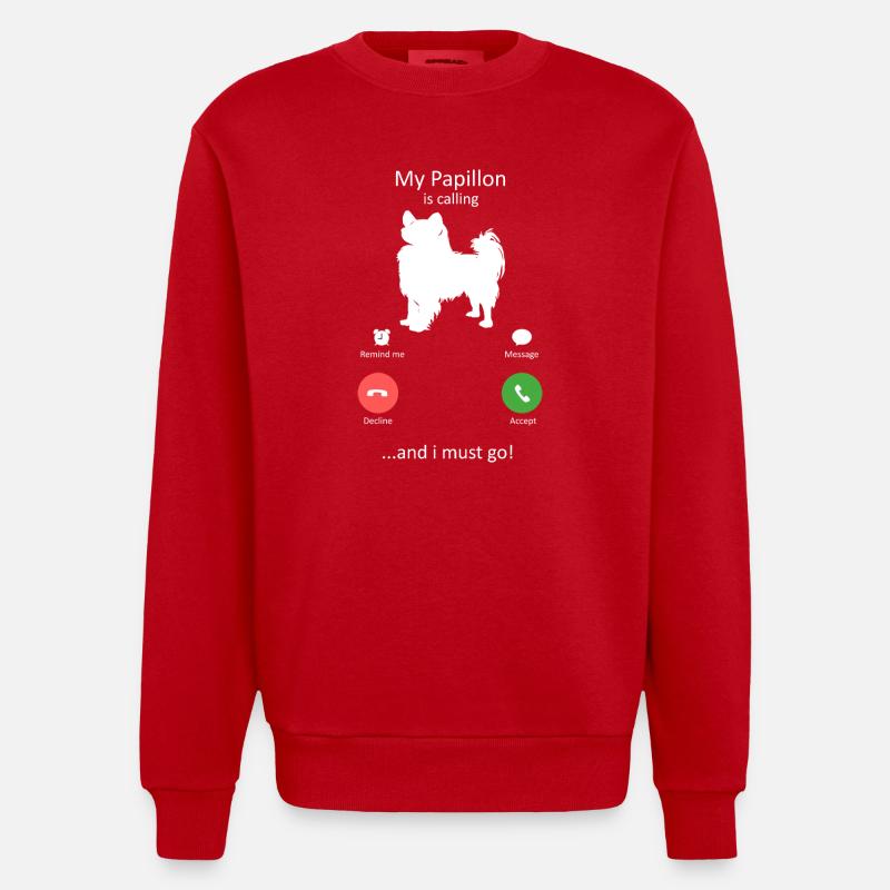 Papillon Dog Calling Smartphone Interface - Heavyweight Oversized Organic Crew Neck Made in EU - red