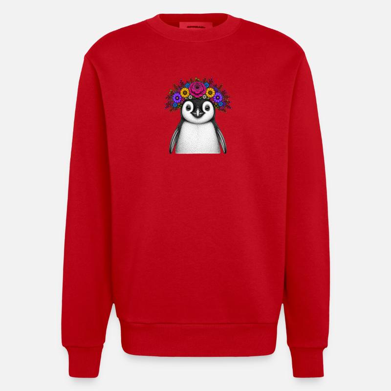 Pingouin avec couronne de fleurs - Sweat bio épais oversize fabriqué en UE - rouge