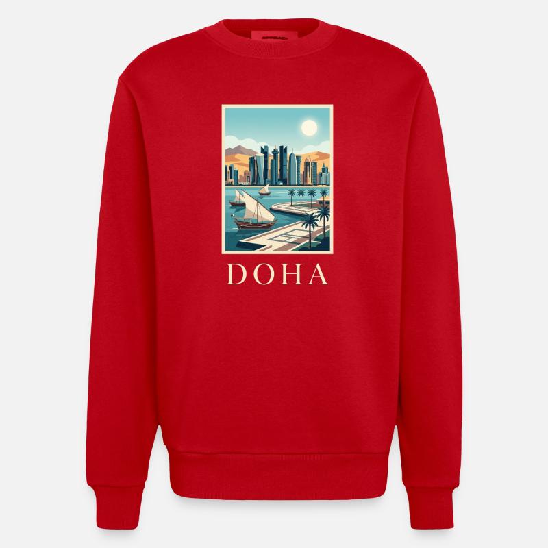 Doha Waterfront Cityscape Katar Reiseplakat - Heavyweight Oversized Organic Crew Neck Made in EU - Rot