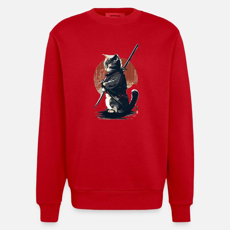 Kawaii Neko Samurai : Katzen-Samurai - Heavyweight Oversized Organic Crew Neck Made in EU - Rot