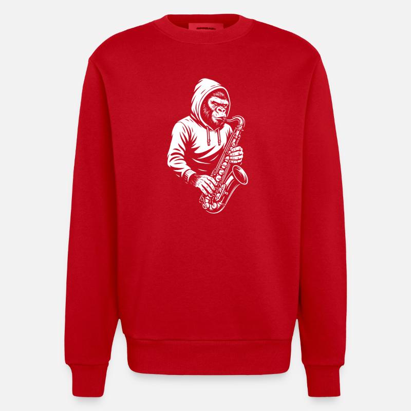 Affe im Kapuzenpullover Saxophon Design - Heavyweight Oversized Organic Crew Neck Made in EU - Rot